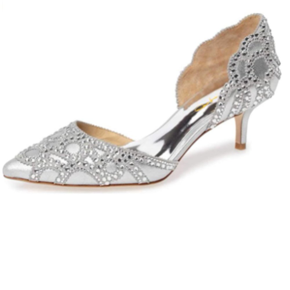 XYD Silver Pointed Toe Low Heel D'Orsay Rhinestone Studs Wedding Pumps